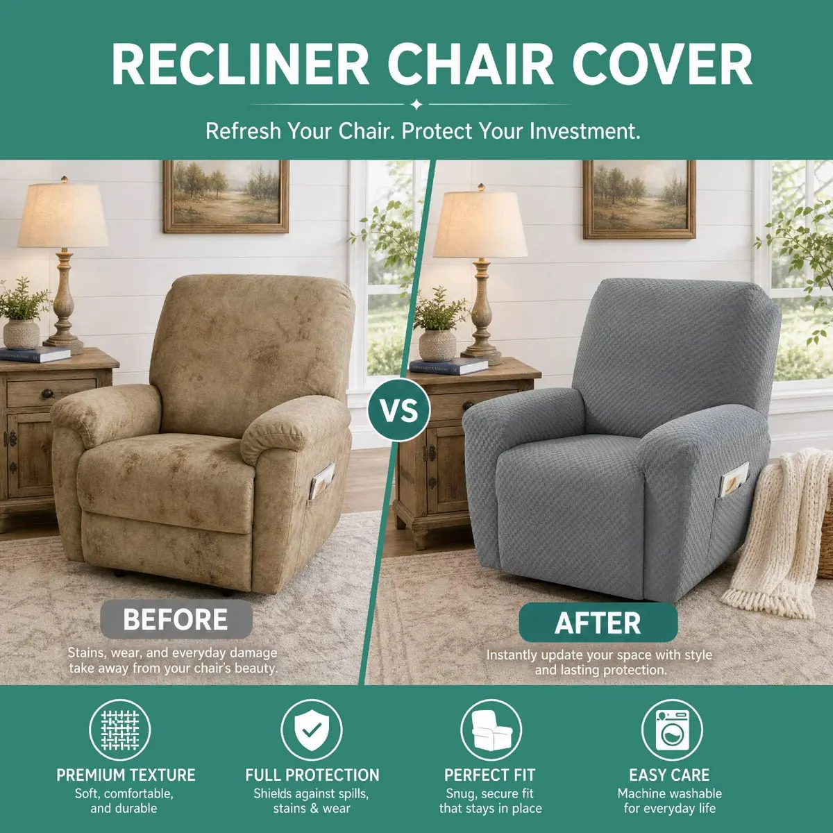 YEMYHOM 4-Piece Stretch Recliner Slipcover Set Light Gray | Modern Jacquard Furniture Protector with Side Pocket - view 7
