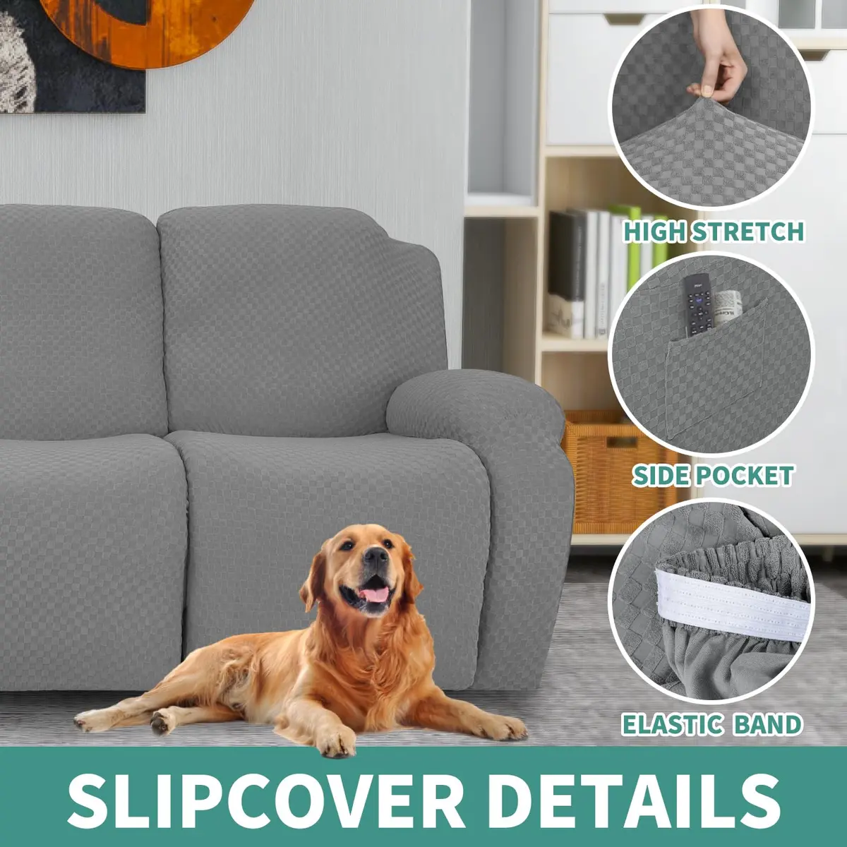 YEMYHOM 4-Piece Stretch Recliner Slipcover Set Light Gray | Modern Jacquard Furniture Protector with Side Pocket - view 4