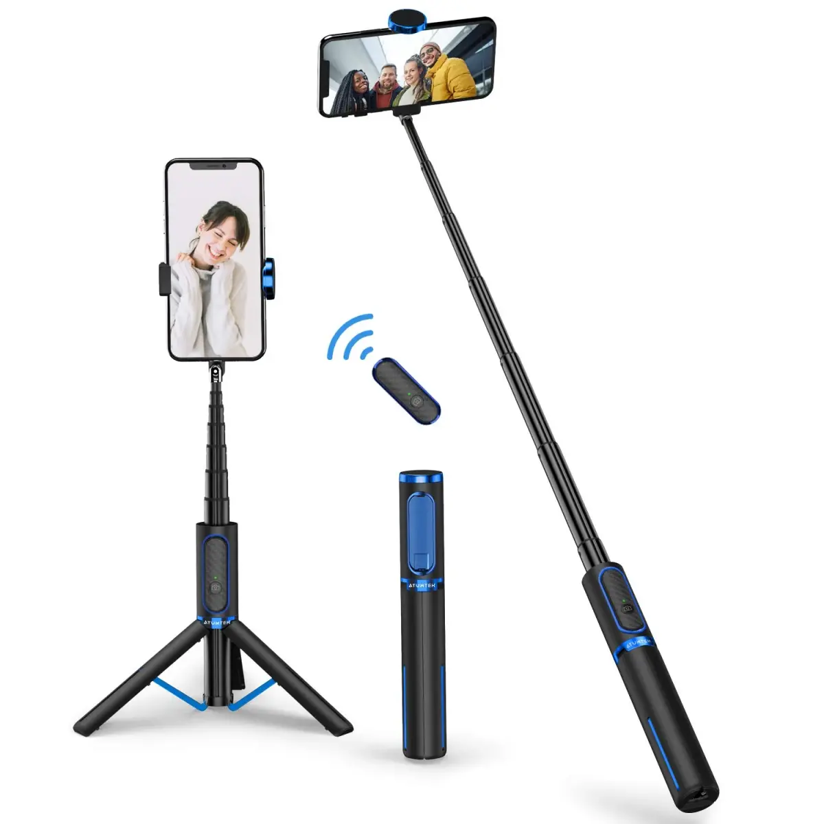 ATUMTEK Selfie Stick Tripod 61cm (24") Extendable Aluminum with Bluetooth Remote, Blue | Integrated Design for iPhone & Samsung - main product image