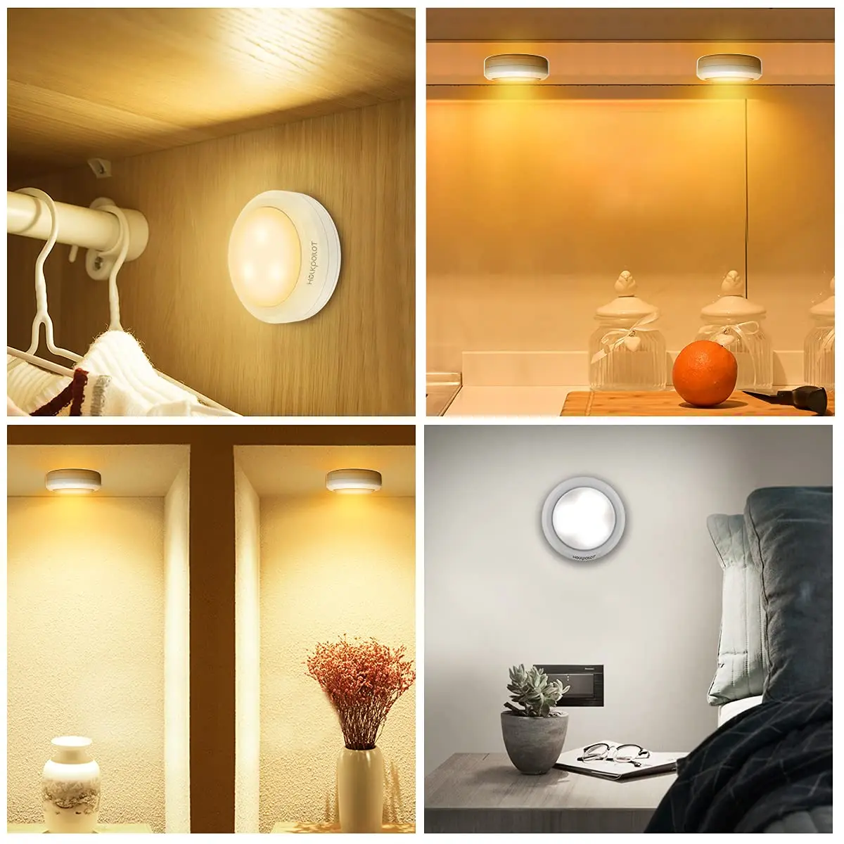 HOLKPOILOT White 4pack Light Fixture | Wireless Under Cabinet Puck Lights with Remote - view 6