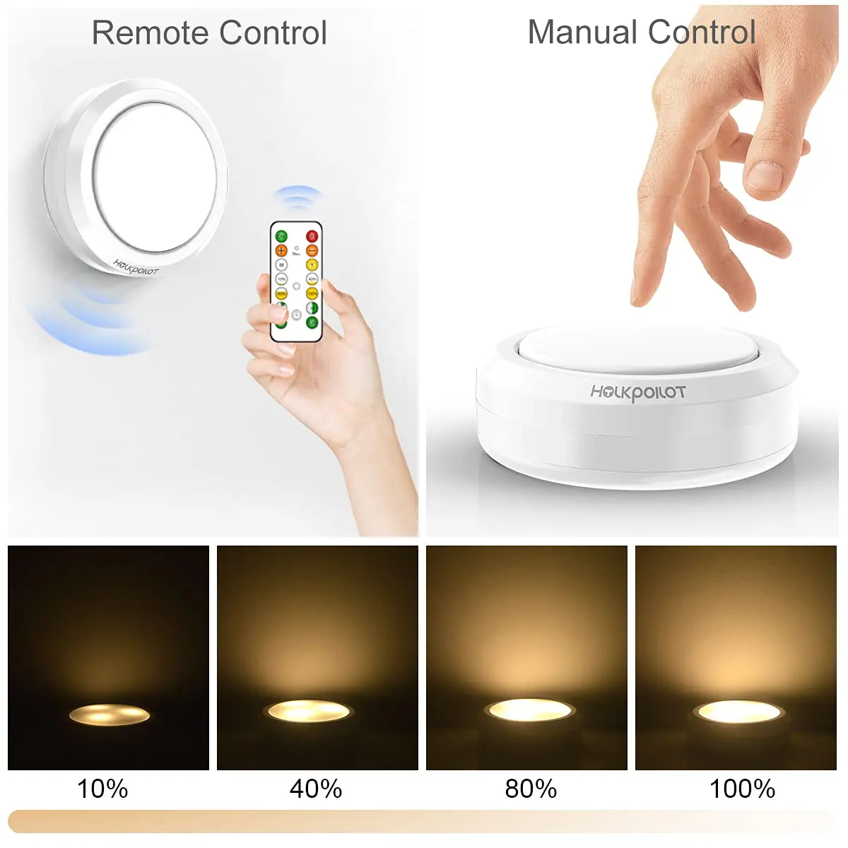 HOLKPOILOT White 4pack Light Fixture | Wireless Under Cabinet Puck Lights with Remote - view 4