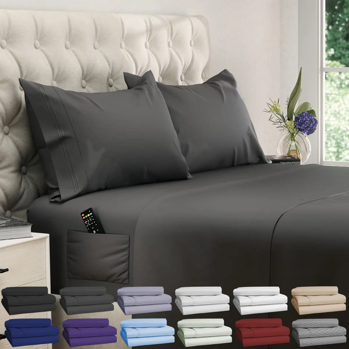 DREAMCARE Full Size Microfiber Sheet Set Gray | 1800 Thread Count Cooling Sheets with Side Pockets (Full, 4-Piece) - main product image
