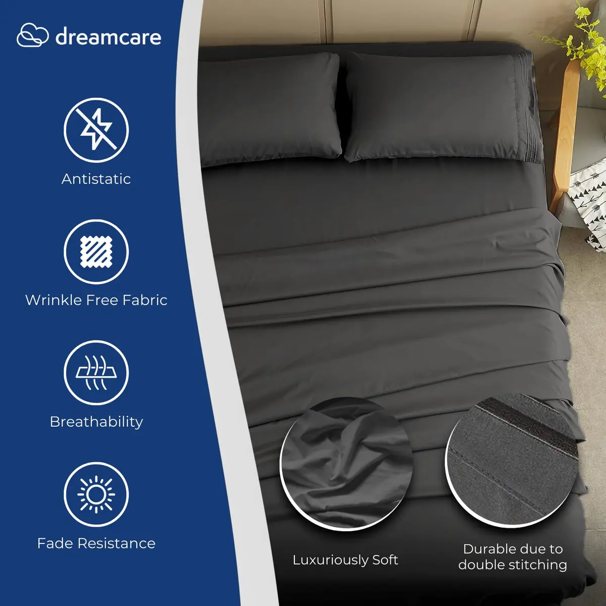 DREAMCARE Full Size Microfiber Sheet Set Gray | 1800 Thread Count Cooling Sheets with Side Pockets (Full, 4-Piece) - view 2