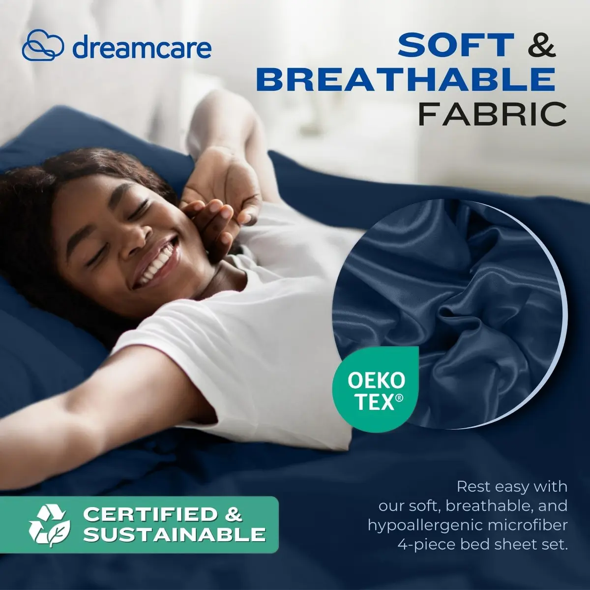 DREAMCARE Full Size Microfiber Sheet Set Navy Blue 203cm x 244cm (80" x 96") | Soft, Deep Pocket, 4-Piece Set - view 6