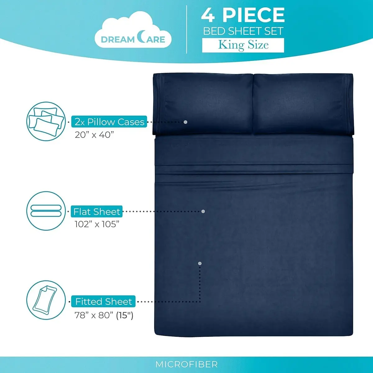 DREAMCARE Full Size Microfiber Sheet Set Navy Blue 203cm x 244cm (80" x 96") | Soft, Deep Pocket, 4-Piece Set - view 4