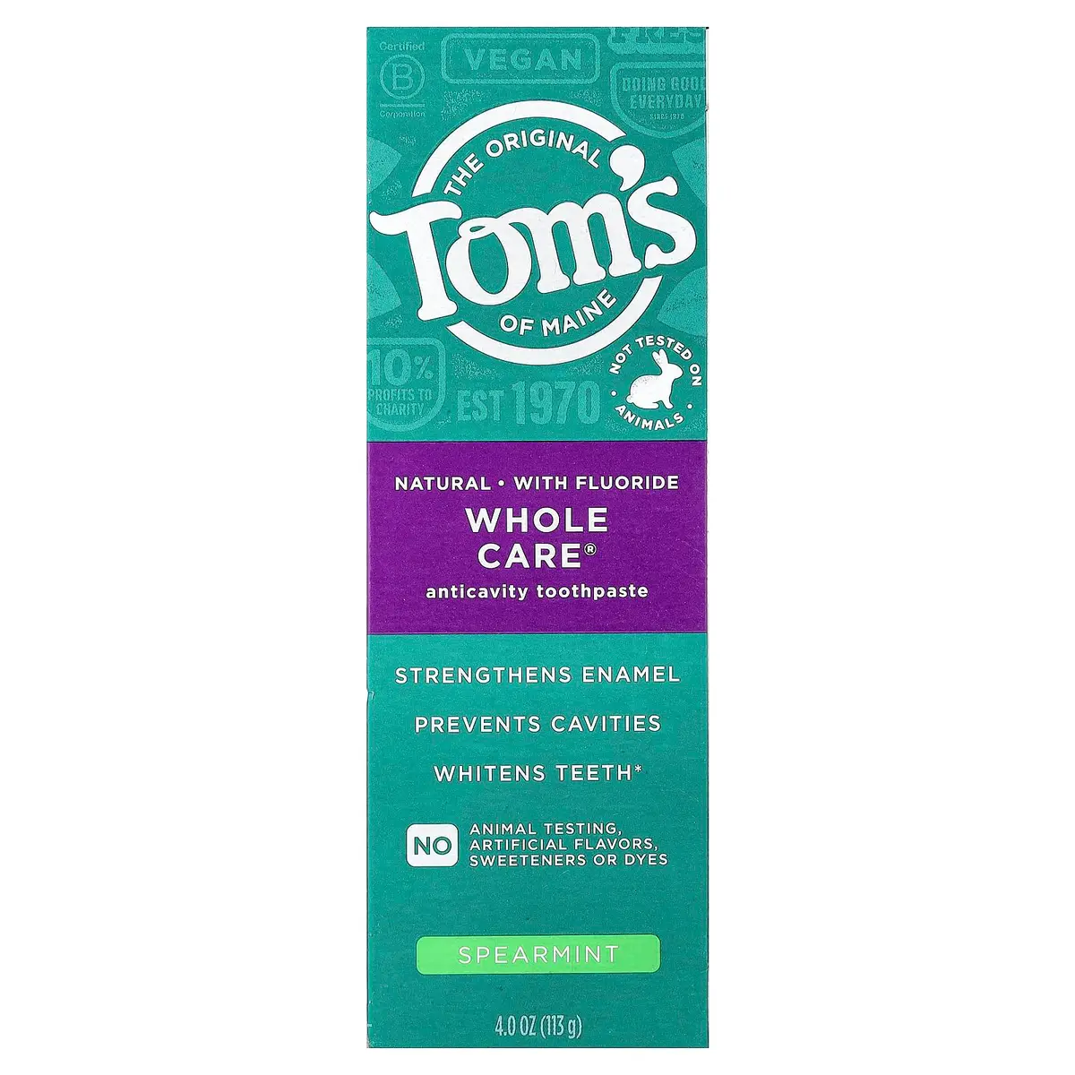 Tom's of Maine Whole Care Natural Toothpaste with Fluoride, Spearmint, 4 oz | 6 Benefits in 1 - view 2