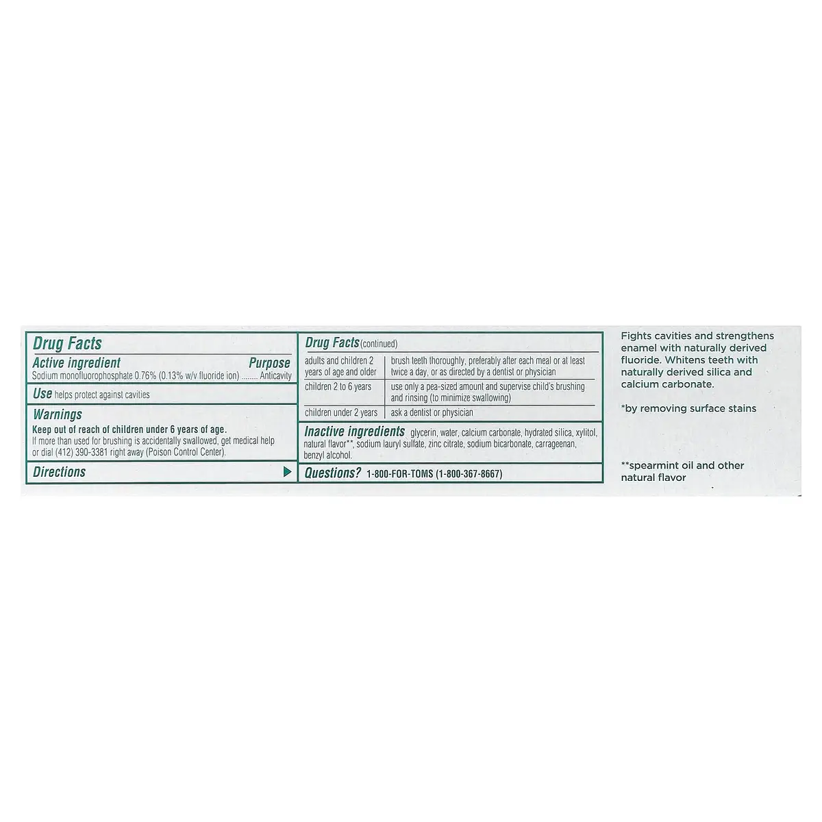 Tom's of Maine Whole Care Natural Toothpaste with Fluoride, Spearmint, 4 oz | 6 Benefits in 1 - view 3