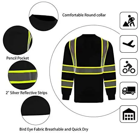 L&M Hi Vis Class 3 T Shirt Reflective Safety Black Long Sleeve | ANSI/ISEA 107-2017 Compliant - view 4