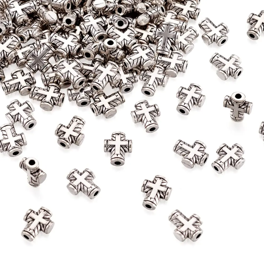 Craftdady Antique Silver Tiny Cross Spacer Beads 10x8mm 100pcs | Tibetan Metal Crucifix Charm Beads for Jewelry Making - main product image