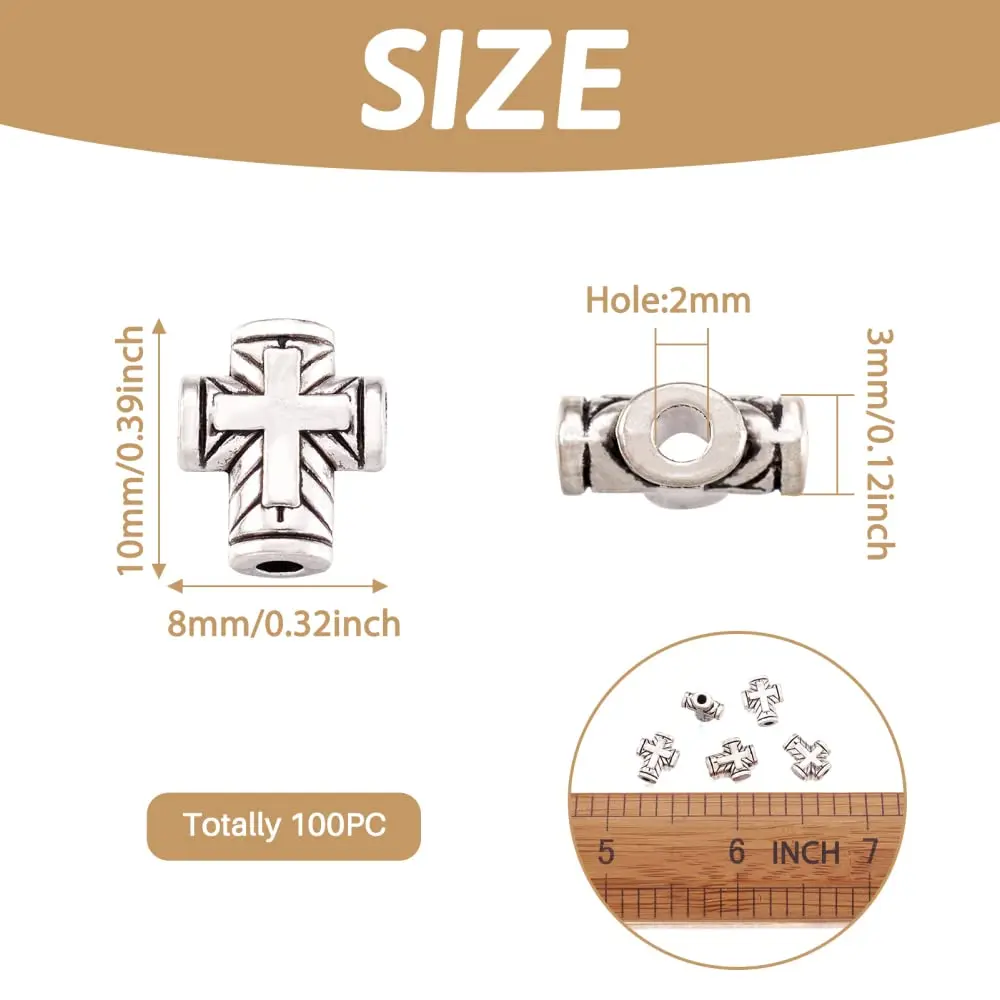 Craftdady Antique Silver Tiny Cross Spacer Beads 10x8mm 100pcs | Tibetan Metal Crucifix Charm Beads for Jewelry Making - view 2