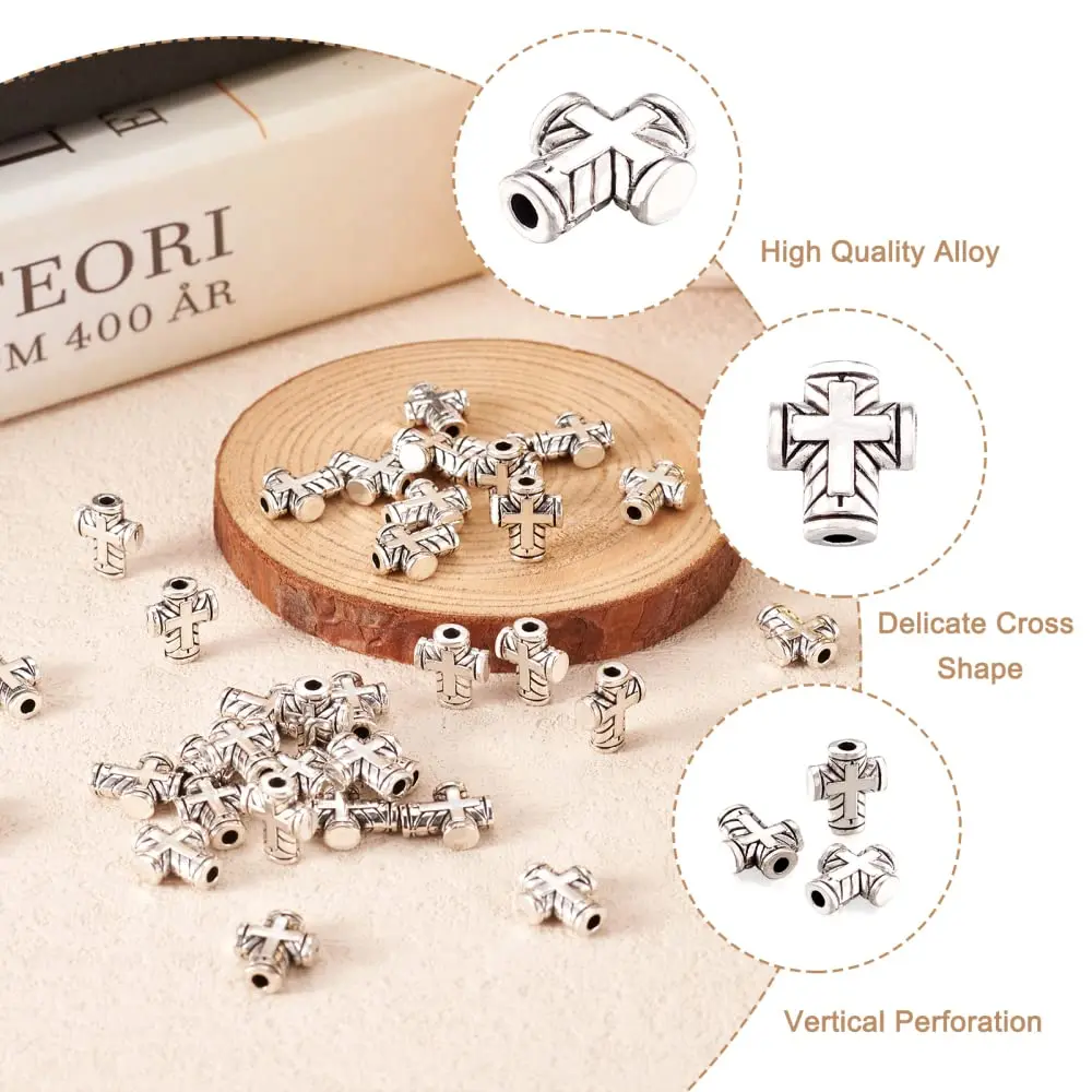 Craftdady Antique Silver Tiny Cross Spacer Beads 10x8mm 100pcs | Tibetan Metal Crucifix Charm Beads for Jewelry Making - view 3