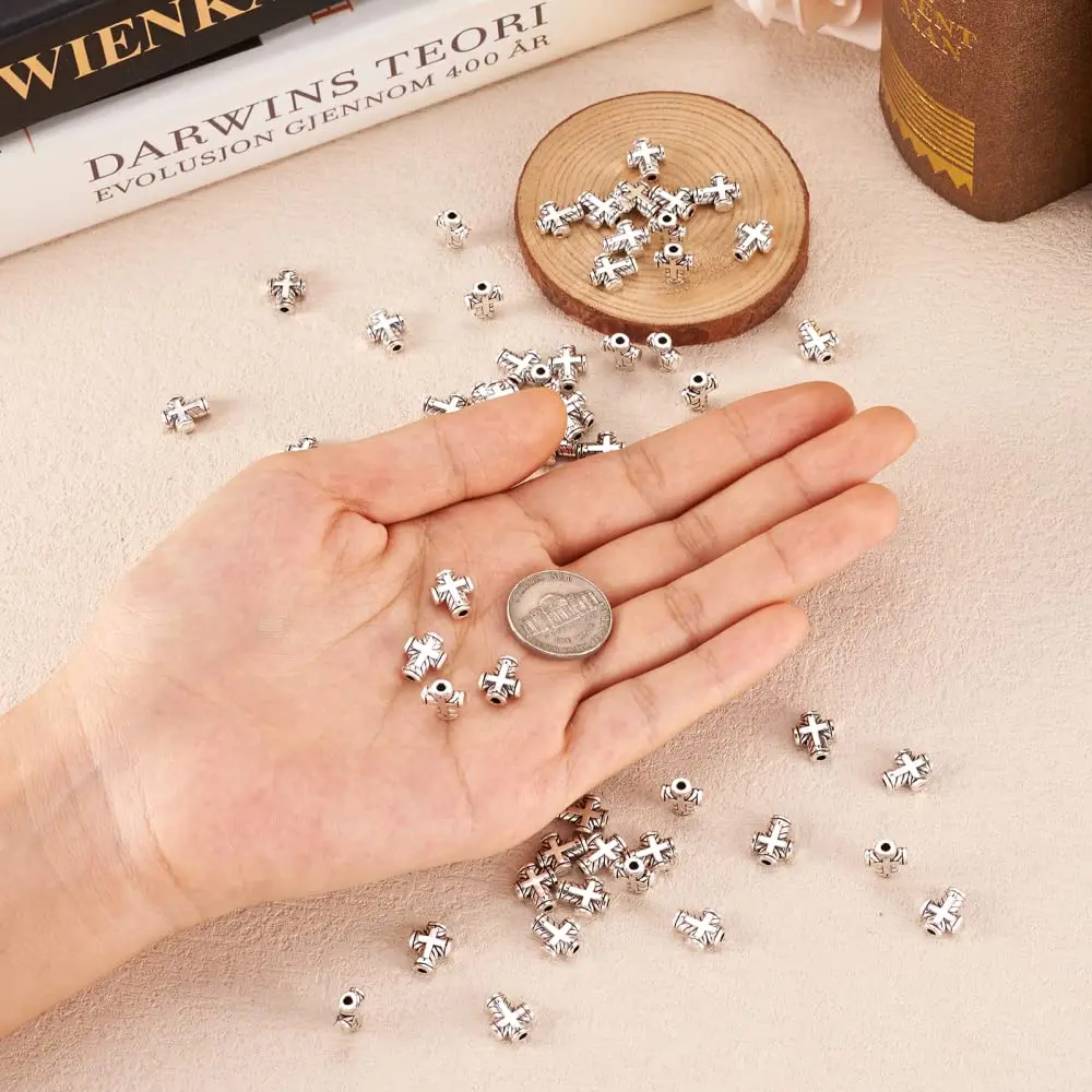 Craftdady Antique Silver Tiny Cross Spacer Beads 10x8mm 100pcs | Tibetan Metal Crucifix Charm Beads for Jewelry Making - view 4