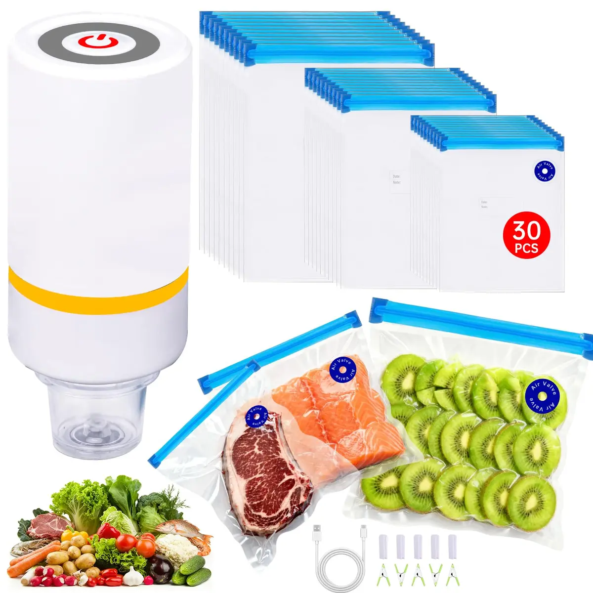 KOSBON 42 PCS Sous Vide Vacuum Sealer Set | 30 Reusable Bags, 5 Clips, Fast & Portable - main product image