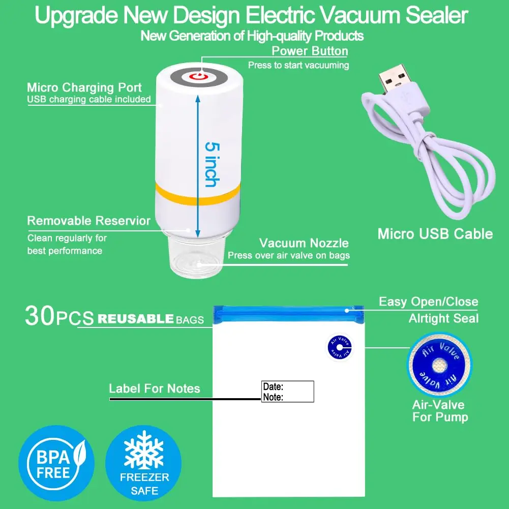 KOSBON 42 PCS Sous Vide Vacuum Sealer Set | 30 Reusable Bags, 5 Clips, Fast & Portable - view 5
