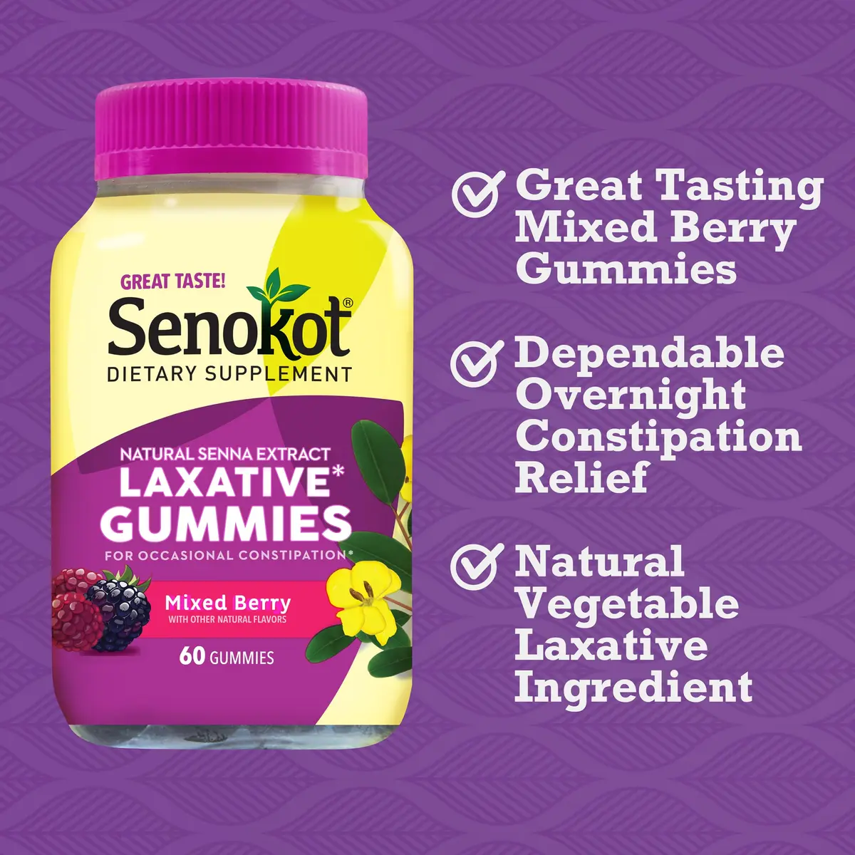 Senokot Dietary Supplement Laxative Gummies, Mixed Berry Flavor, 60 Count | Gentle Overnight Relief for Occasional Constipation - view 2