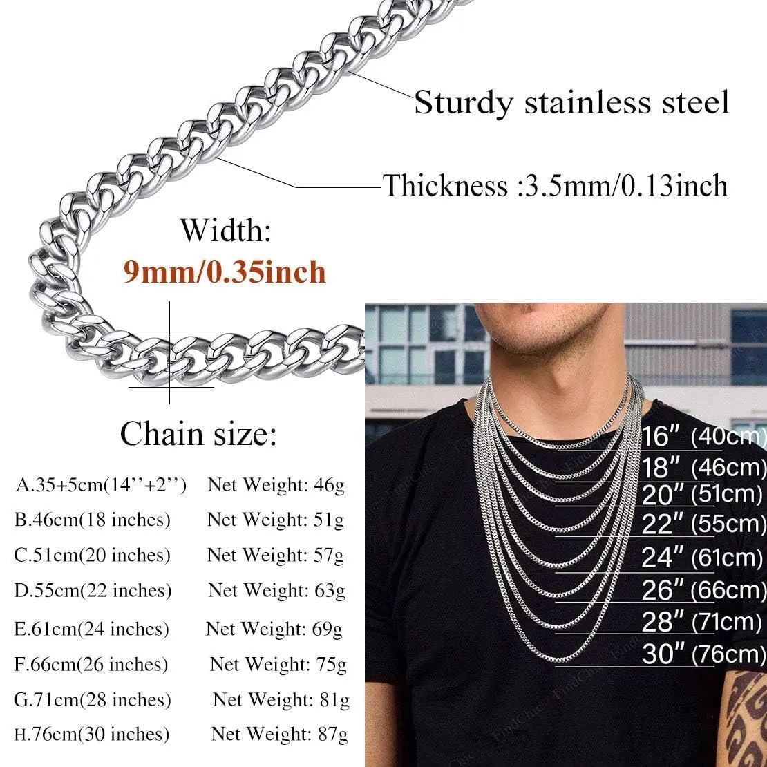 FindChic Men Curb Chain Necklace Stainless Steel 9MM Link 14''-30'' | Classic Durable Jewelry - view 9