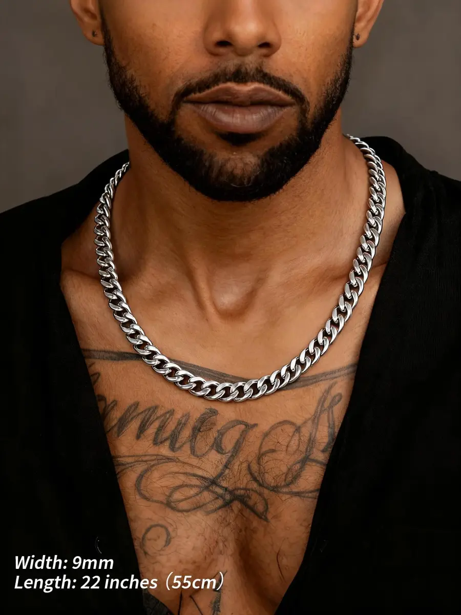 FindChic Men Curb Chain Necklace Stainless Steel 9MM Link 14''-30'' | Classic Durable Jewelry - view 2