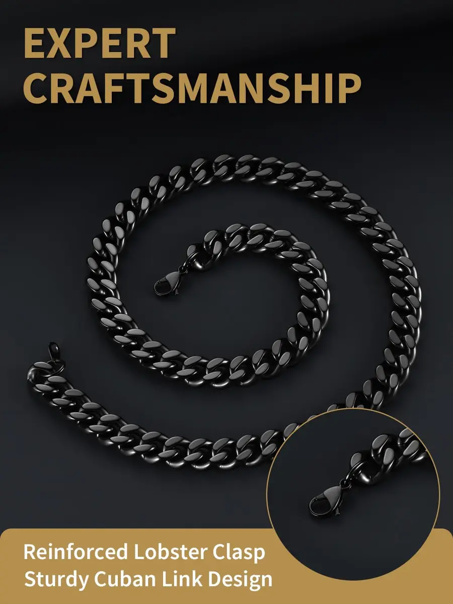 FindChic Mens Chain Necklace 12MM Black Cuban Link 18inch | Durable Stainless Steel, Classic Hip Hop Jewelry - view 5