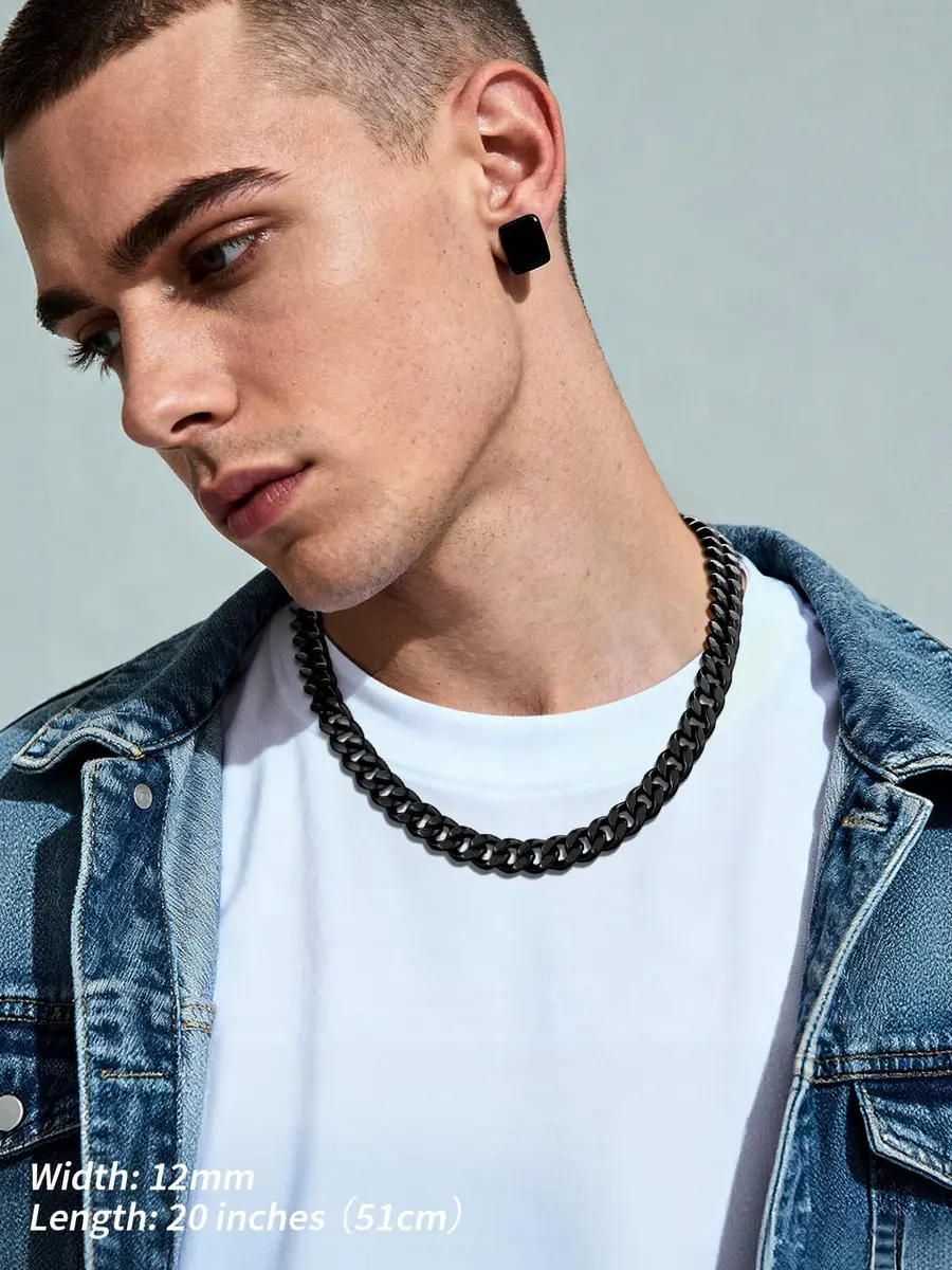FindChic Mens Chain Necklace 12MM Black Cuban Link 18inch | Durable Stainless Steel, Classic Hip Hop Jewelry - view 7