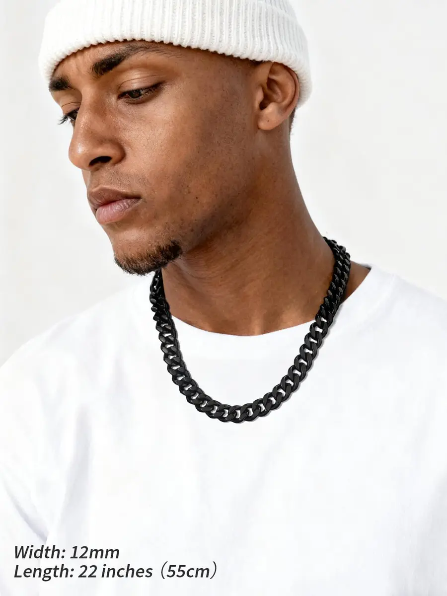 FindChic Mens Chain Necklace 12MM Black Cuban Link 18inch | Durable Stainless Steel, Classic Hip Hop Jewelry - view 8
