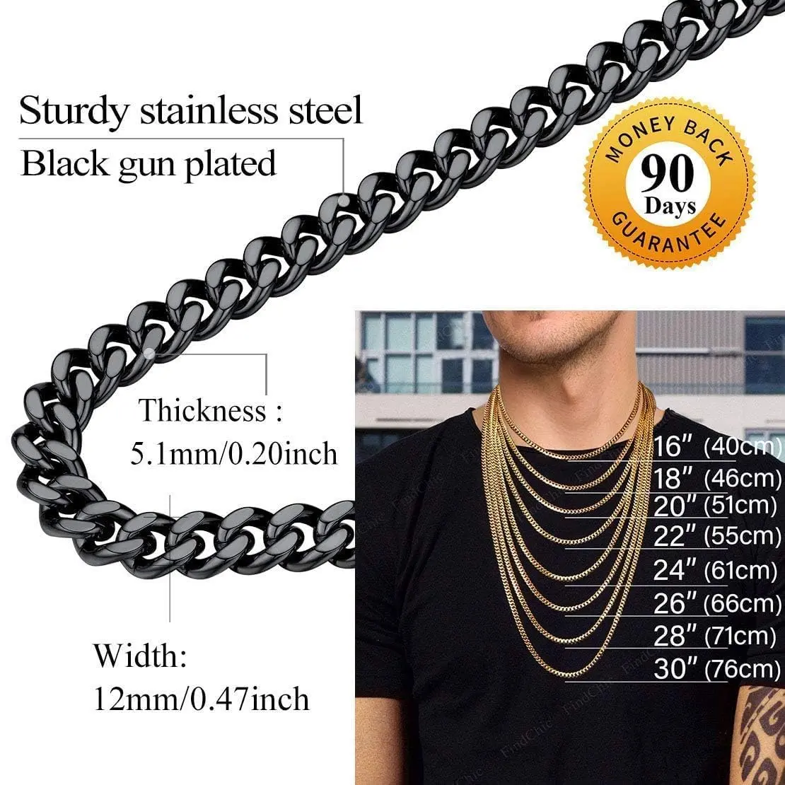 FindChic Mens Chain Necklace 12MM Black Cuban Link 18inch | Durable Stainless Steel, Classic Hip Hop Jewelry - view 9