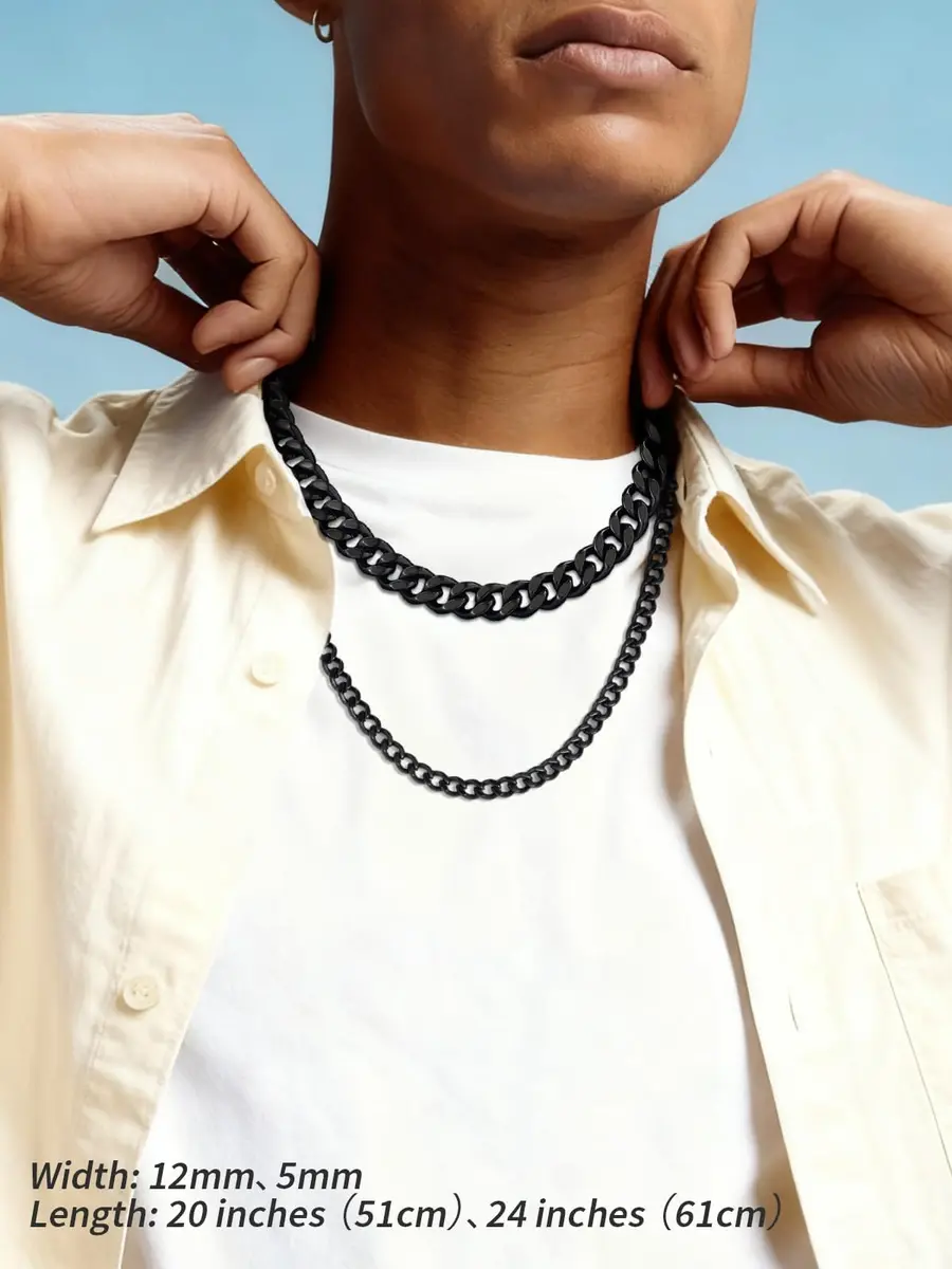 FindChic Mens Chain Necklace 12MM Black Cuban Link 18inch | Durable Stainless Steel, Classic Hip Hop Jewelry - view 3
