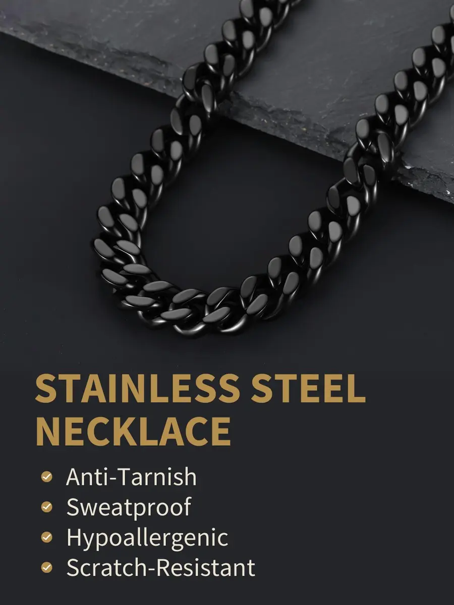 FindChic Mens Chain Necklace 12MM Black Cuban Link 18inch | Durable Stainless Steel, Classic Hip Hop Jewelry - view 4