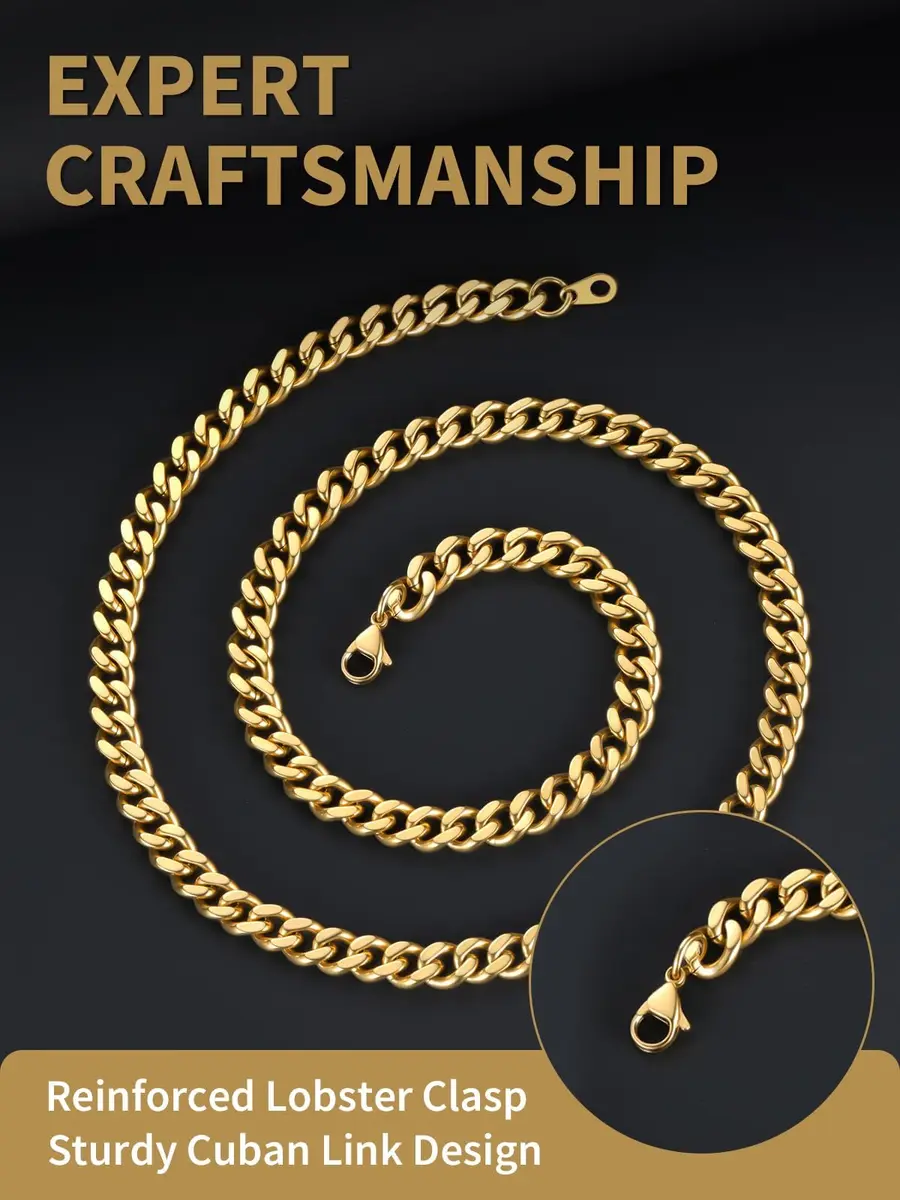 FindChic Men Curb Chain Necklace 18K Gold Plated 9MM Link 16'' | Durable, Stylish & Gold-Like (70-120 chars) - view 5