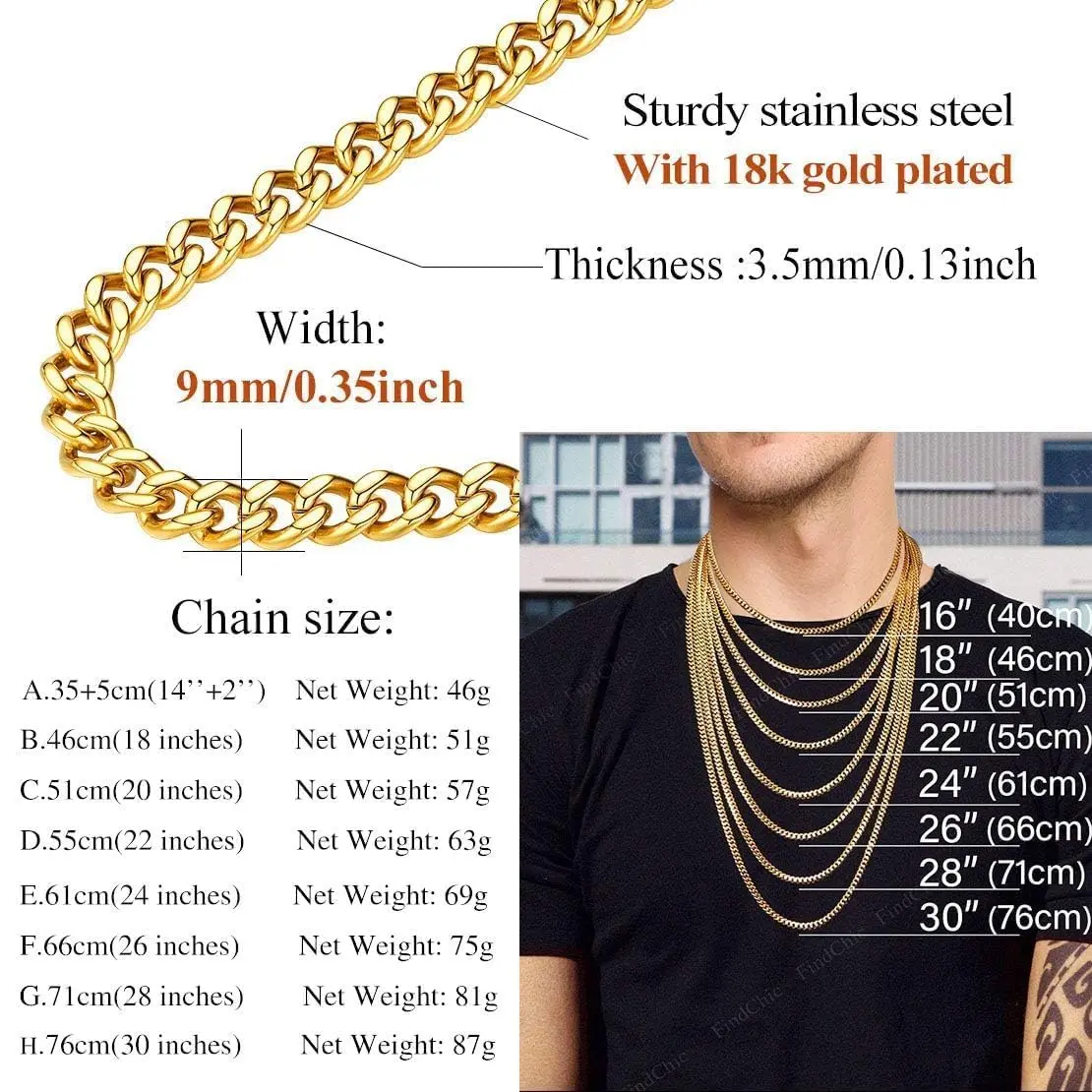 FindChic Men Curb Chain Necklace 18K Gold Plated 9MM Link 16'' | Durable, Stylish & Gold-Like (70-120 chars) - view 9