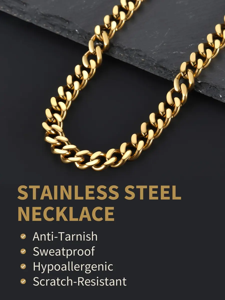 FindChic Men Curb Chain Necklace 18K Gold Plated 9MM Link 16'' | Durable, Stylish & Gold-Like (70-120 chars) - view 4