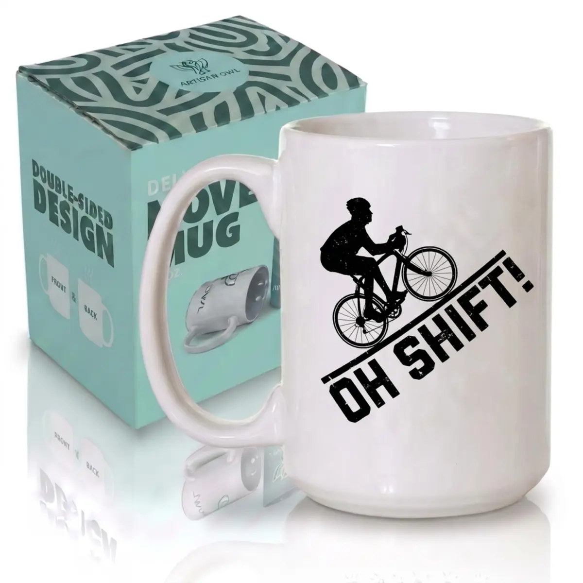 Artisan Owl "Oh Shift!" Cycling Mug 443ml (15 oz) | Funny Bicycle Gear Shift Coffee Cup for Bikers - main product image