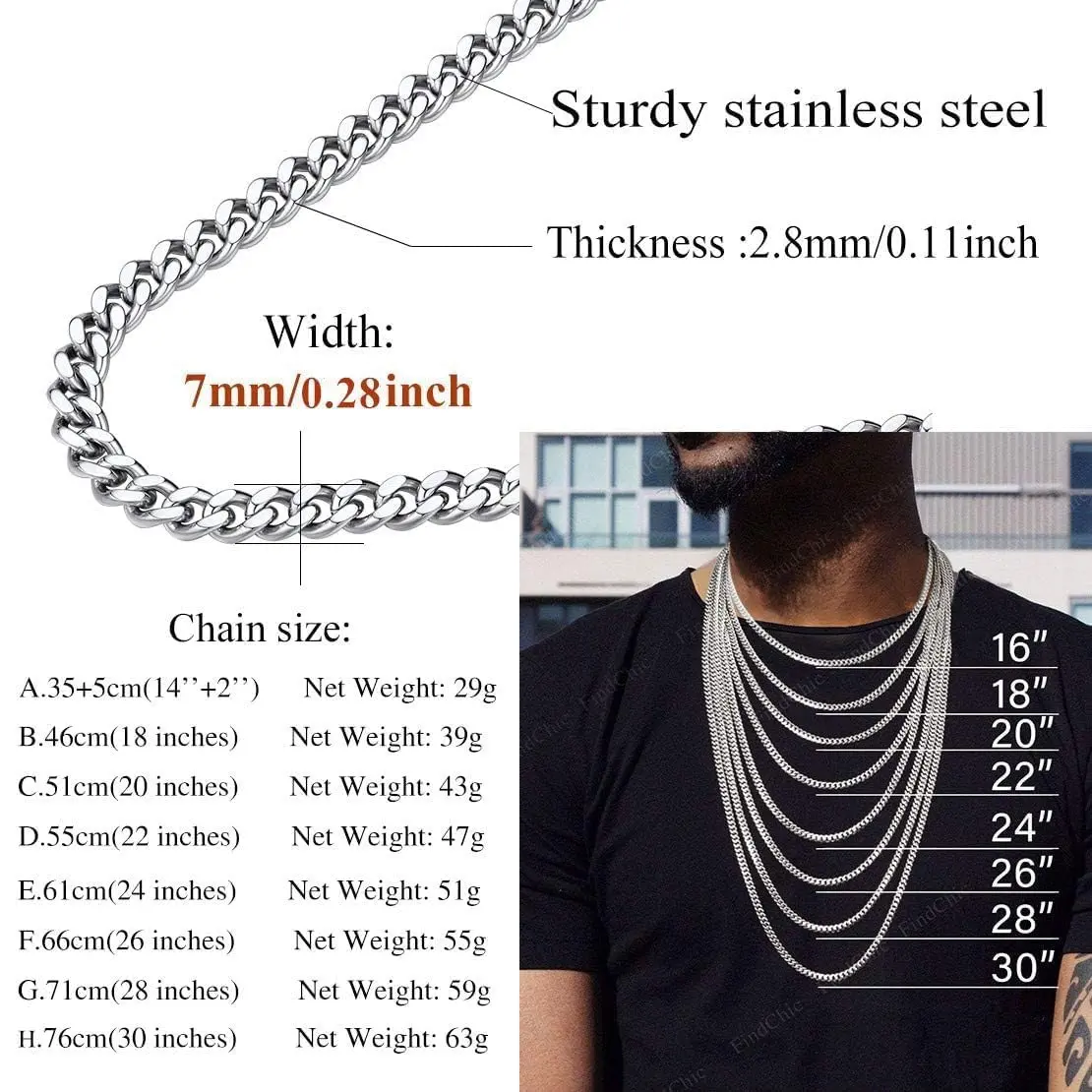 FindChic Cuban Chain for Men & Women 7MM Stainless Steel | Classic Punk Jewelry - view 9