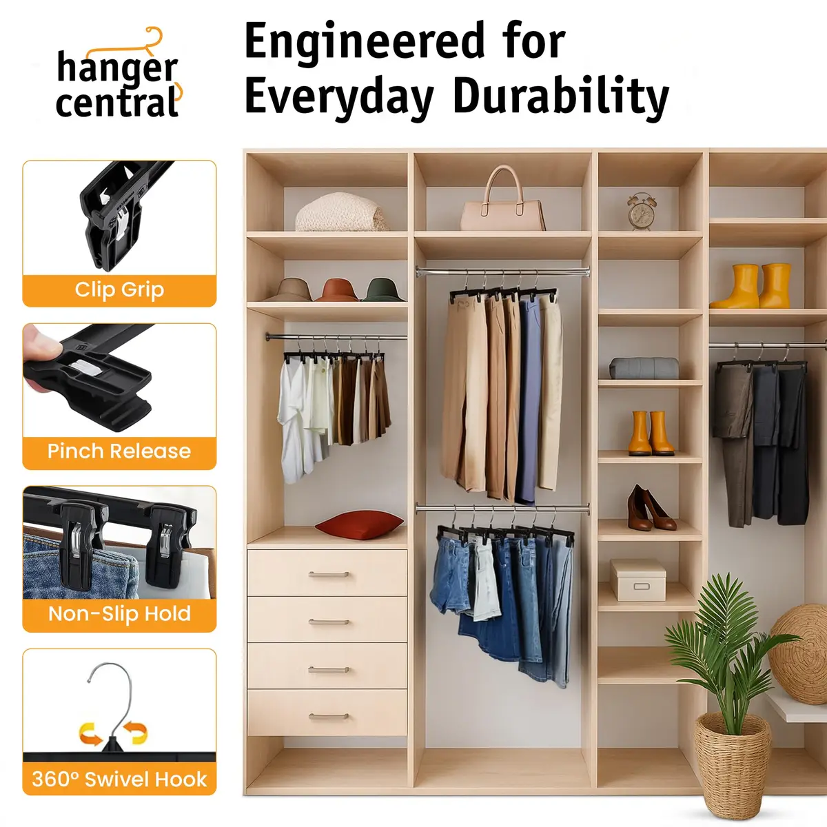 Hanger Central 12 inch 30 Pack Pants Hangers Slim Plastic Black | Space Saving & Heavy Duty - view 5
