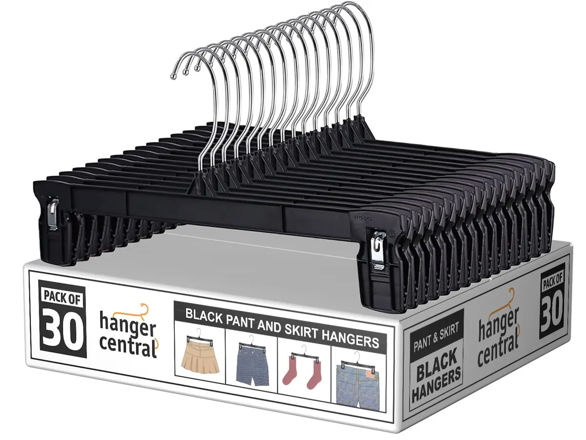 Hanger Central 12 inch 30 Pack Pants Hangers Slim Plastic Black | Space Saving & Heavy Duty - main product image