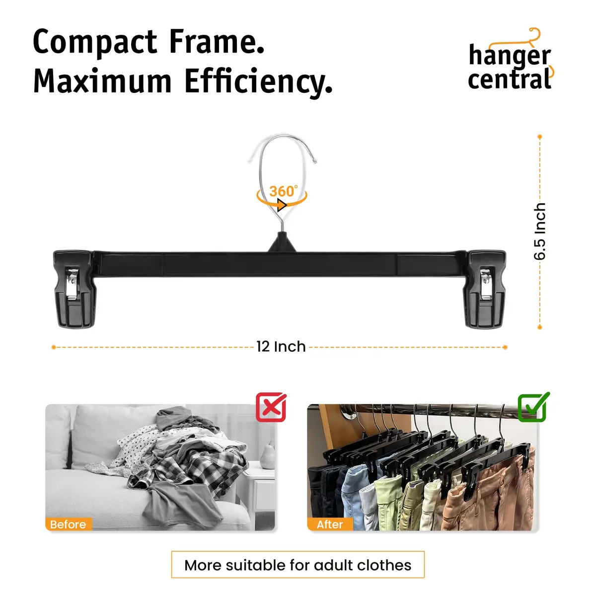 Hanger Central 12 inch 30 Pack Pants Hangers Slim Plastic Black | Space Saving & Heavy Duty - view 3