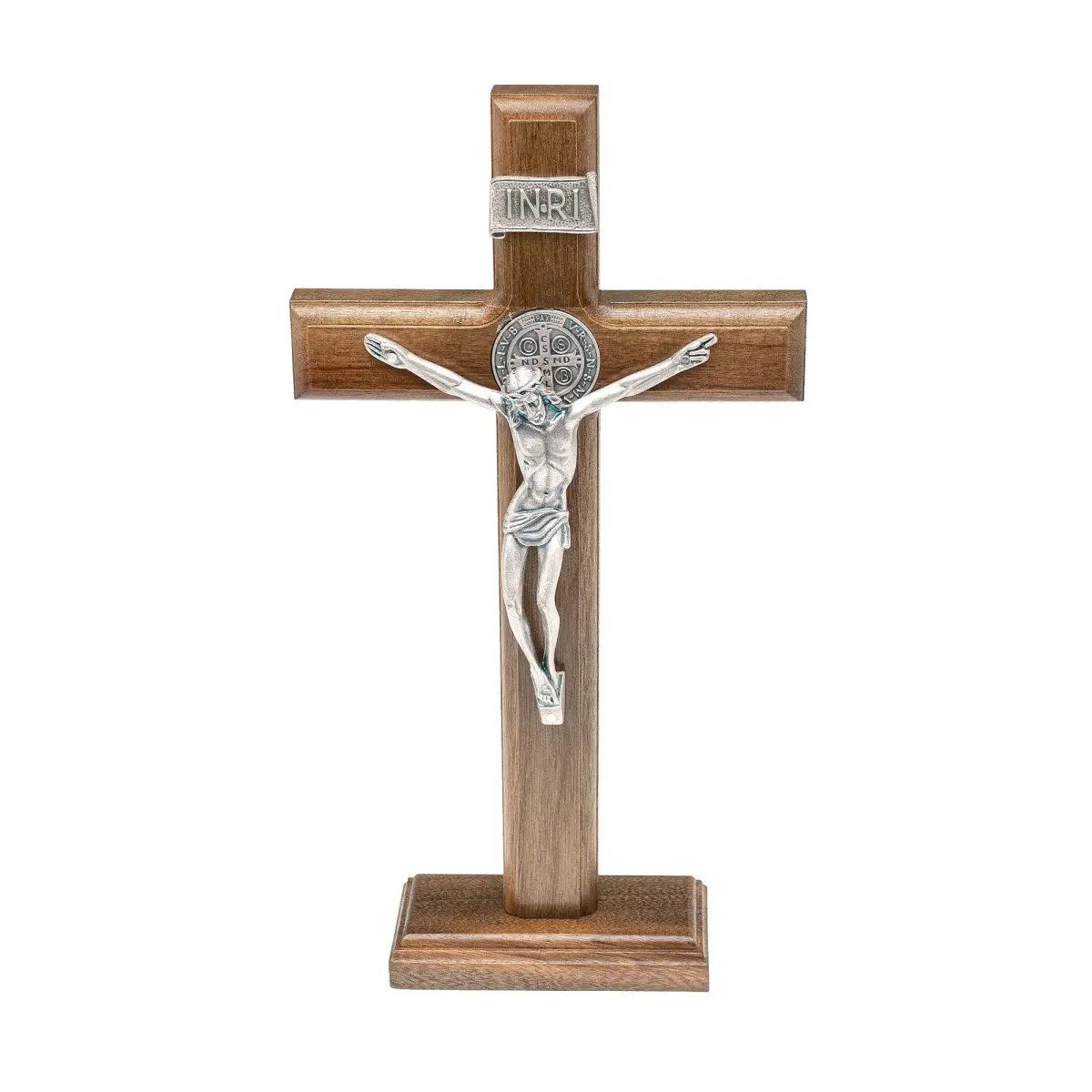 Intercession Antique Silver Wood Cross Crucifix 25cm (10 Inch) | St. Benedict Medal & Solid Brazilian Walnut - main product image