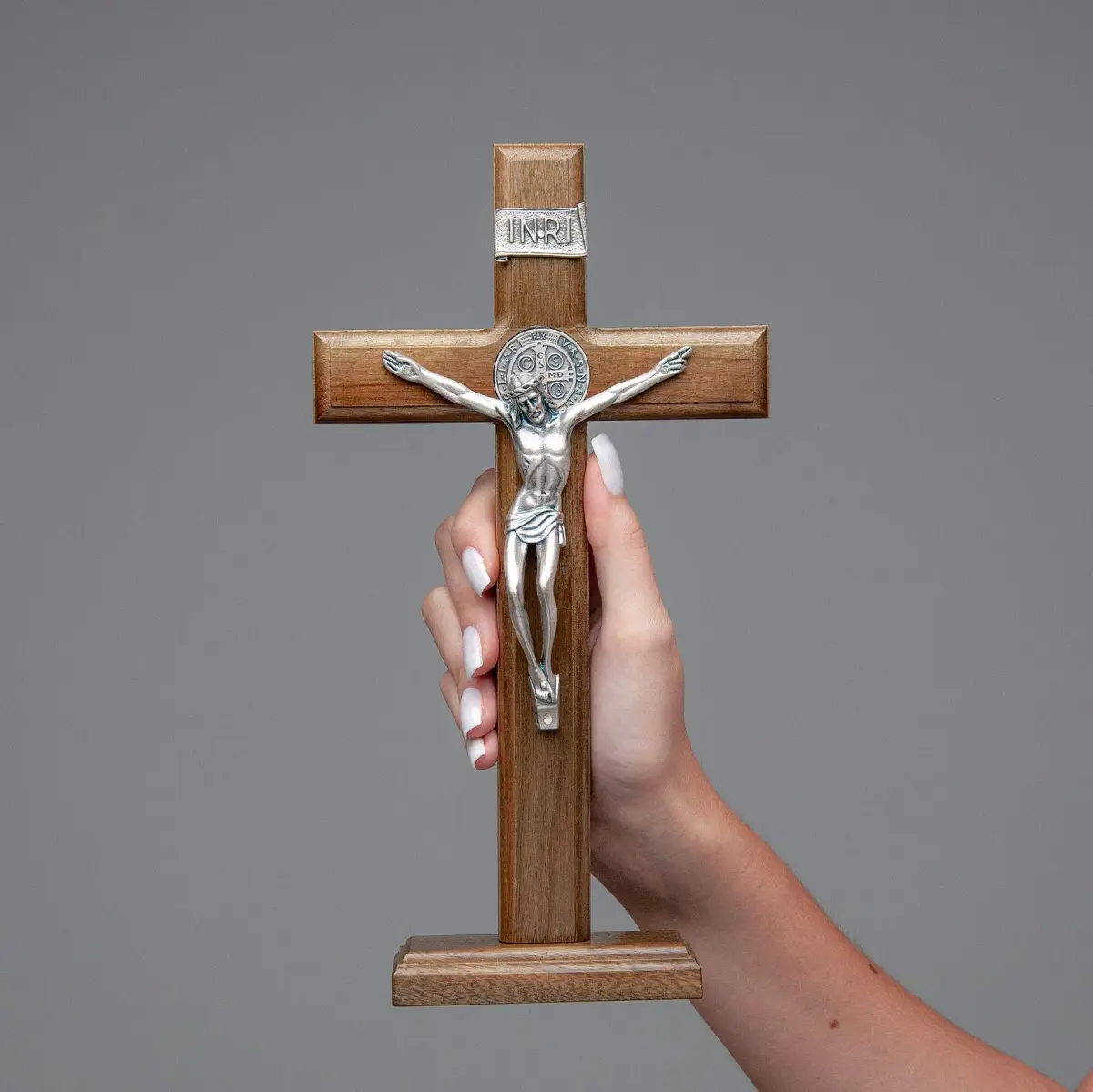 Intercession Antique Silver Wood Cross Crucifix 25cm (10 Inch) | St. Benedict Medal & Solid Brazilian Walnut - view 5