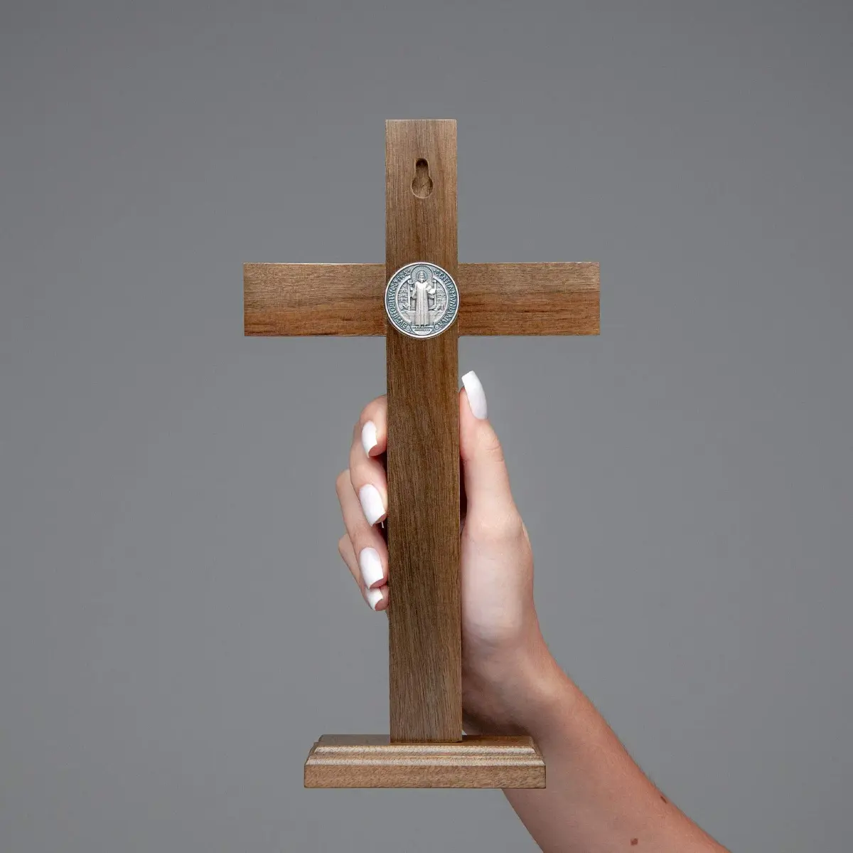 Intercession Antique Silver Wood Cross Crucifix 25cm (10 Inch) | St. Benedict Medal & Solid Brazilian Walnut - view 6