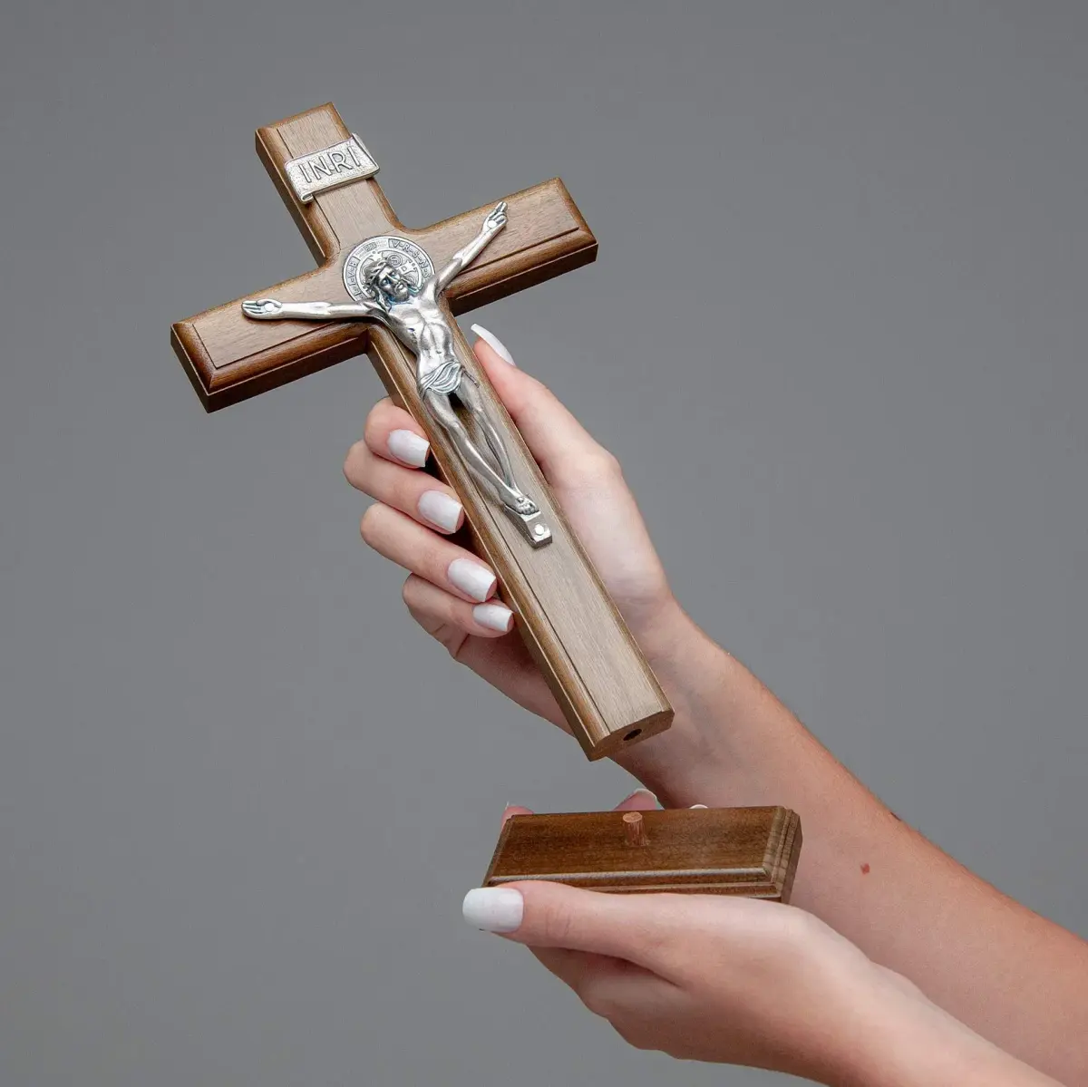 Intercession Antique Silver Wood Cross Crucifix 25cm (10 Inch) | St. Benedict Medal & Solid Brazilian Walnut - view 7