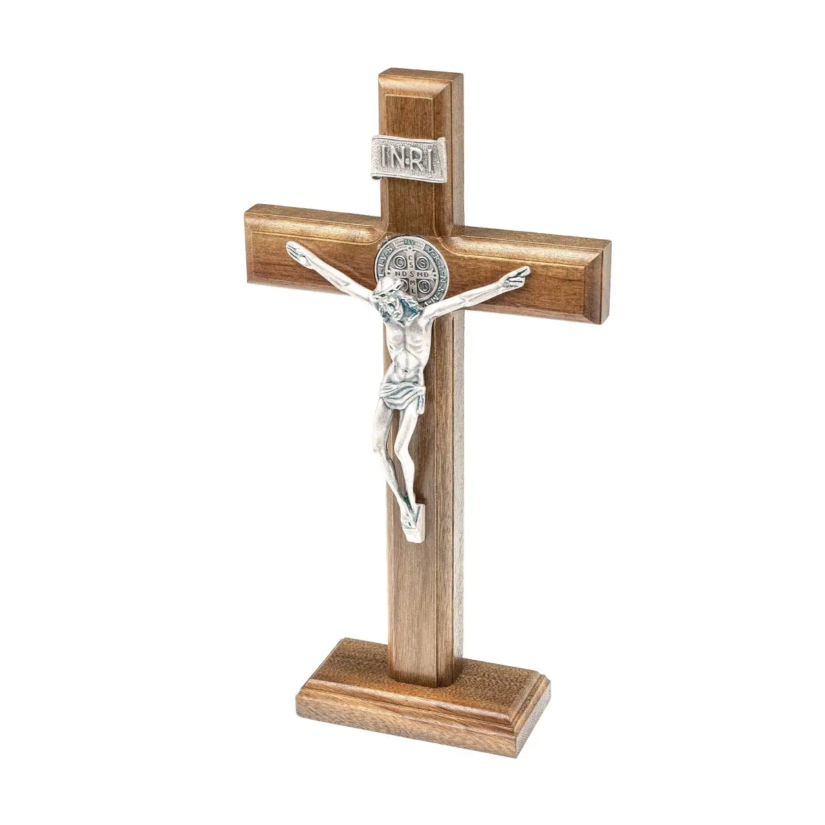 Intercession Antique Silver Wood Cross Crucifix 25cm (10 Inch) | St. Benedict Medal & Solid Brazilian Walnut - view 2
