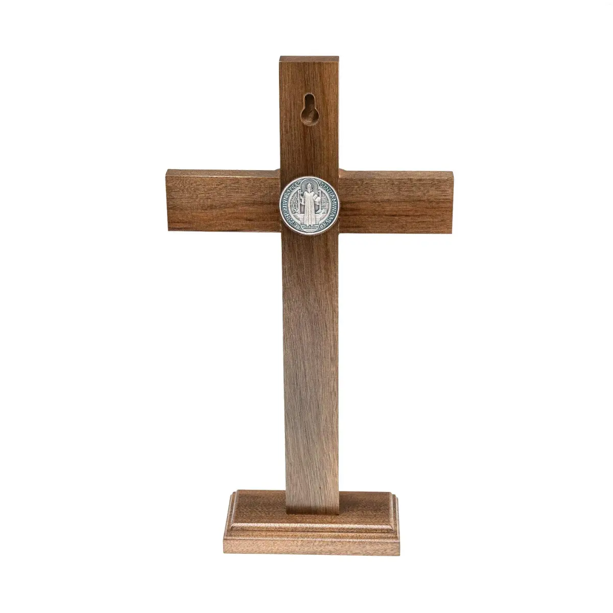Intercession Antique Silver Wood Cross Crucifix 25cm (10 Inch) | St. Benedict Medal & Solid Brazilian Walnut - view 3