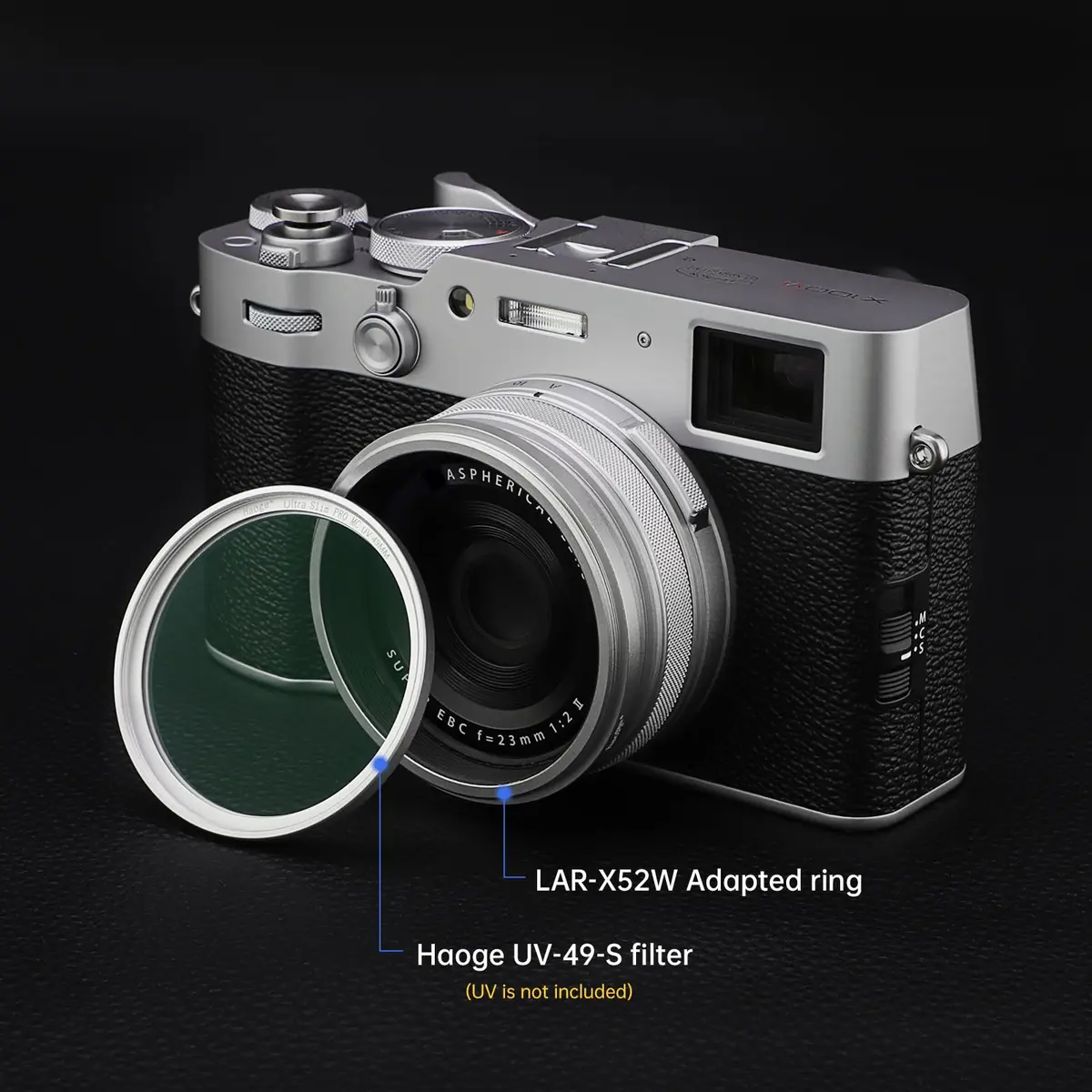 Haoge Silver Camera Lens Filter Adapter Ring for Fujifilm X100V X100VI 49mm | Attaches 49mm Filters & Original Lens Cap - view 5