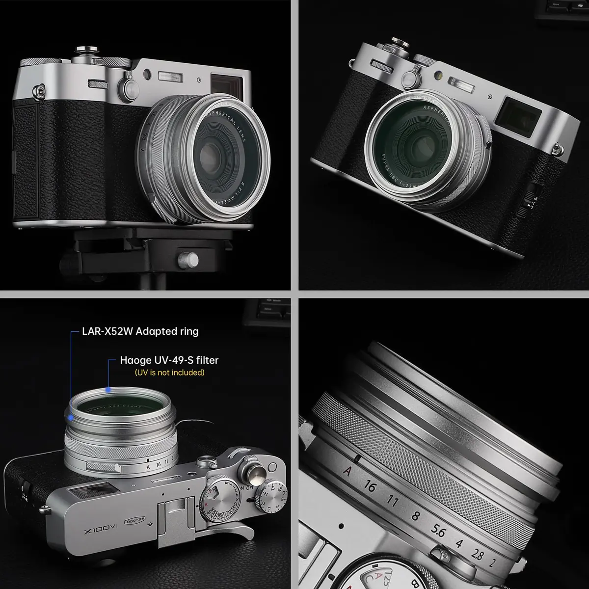 Haoge Silver Camera Lens Filter Adapter Ring for Fujifilm X100V X100VI 49mm | Attaches 49mm Filters & Original Lens Cap - view 6