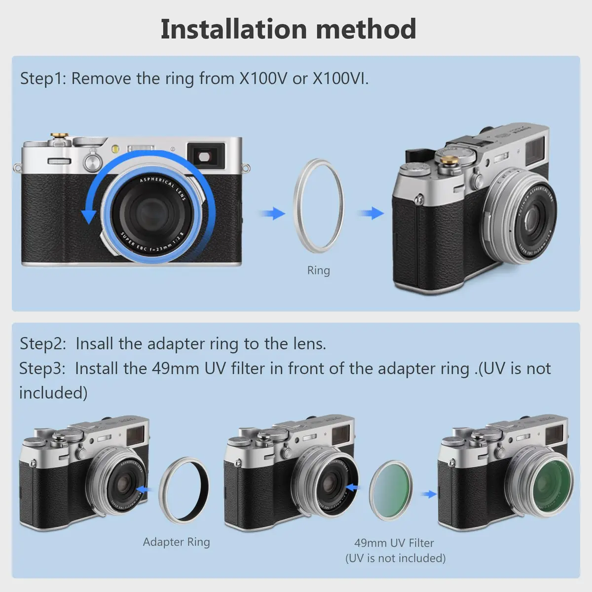 Haoge Silver Camera Lens Filter Adapter Ring for Fujifilm X100V X100VI 49mm | Attaches 49mm Filters & Original Lens Cap - view 8