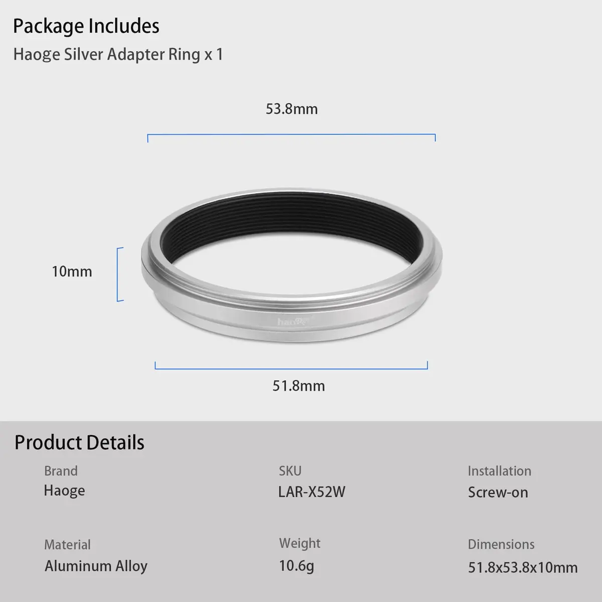 Haoge Silver Camera Lens Filter Adapter Ring for Fujifilm X100V X100VI 49mm | Attaches 49mm Filters & Original Lens Cap - view 9