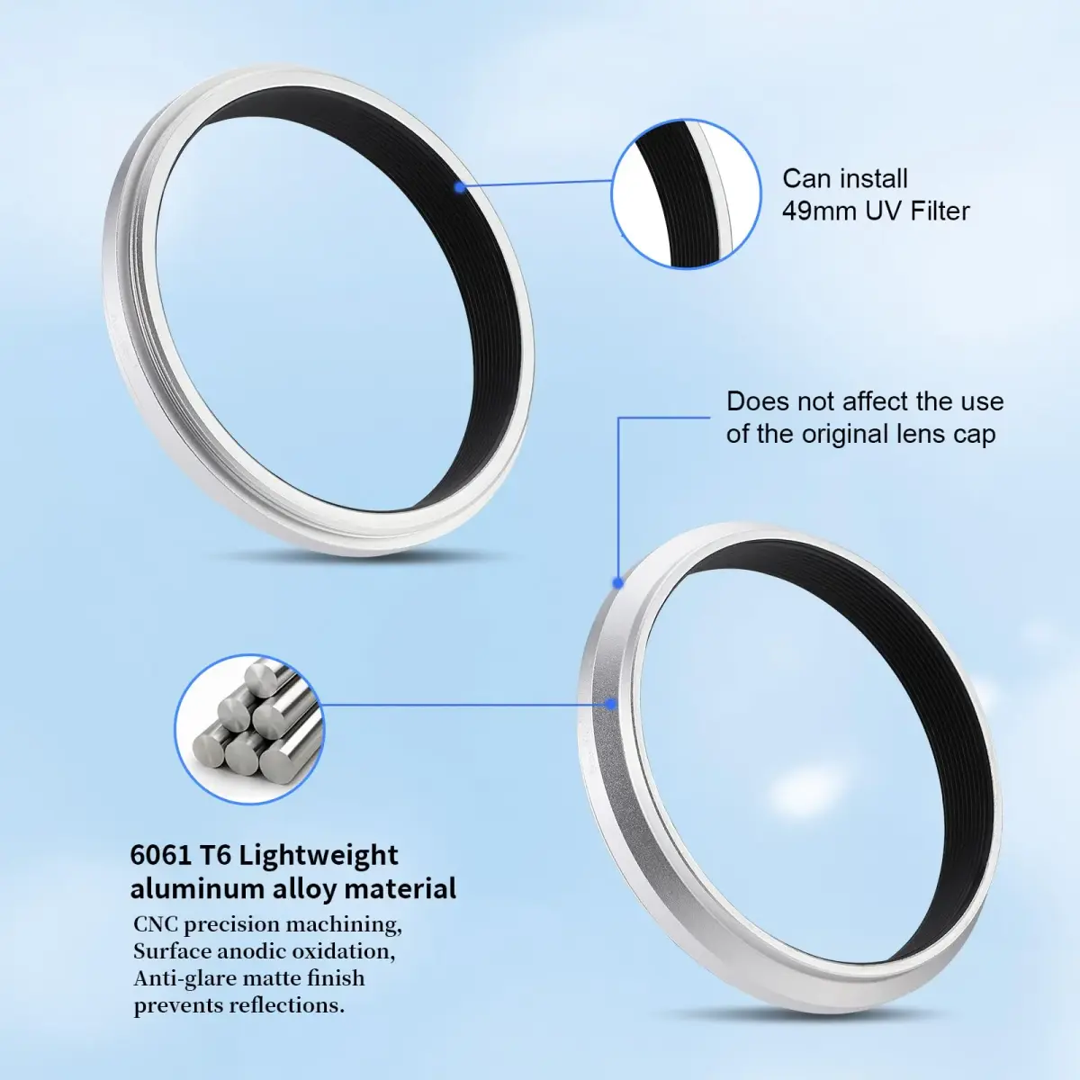Haoge 49mm Filter Mount Adapter Ring for Fujifilm X100VI X100V Camera - Silver - view 4