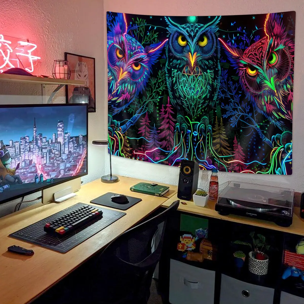 JAWO Psychedelic Owl Tapestry - Trippy Forest Line Art Wall Hanging 152cm (60"W x 40"L) | HD Pattern Printing - view 4