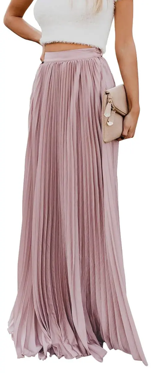 ebossy Women's High Waist Flowy Pleated Chiffon Maxi Skirt (X-Large, Pink) | Elegant Solid Colors for All Seasons - main product image