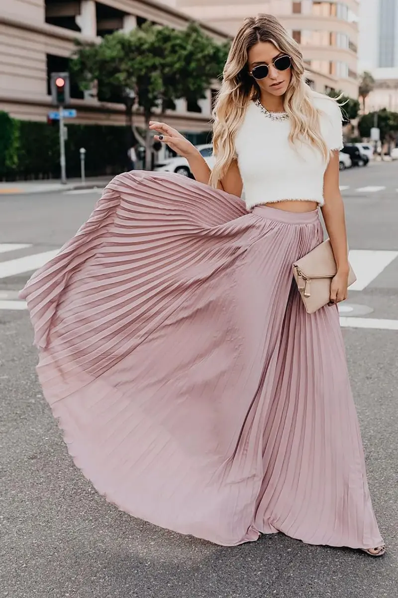 ebossy Women's High Waist Flowy Pleated Chiffon Maxi Skirt (X-Large, Pink) | Elegant Solid Colors for All Seasons - view 5