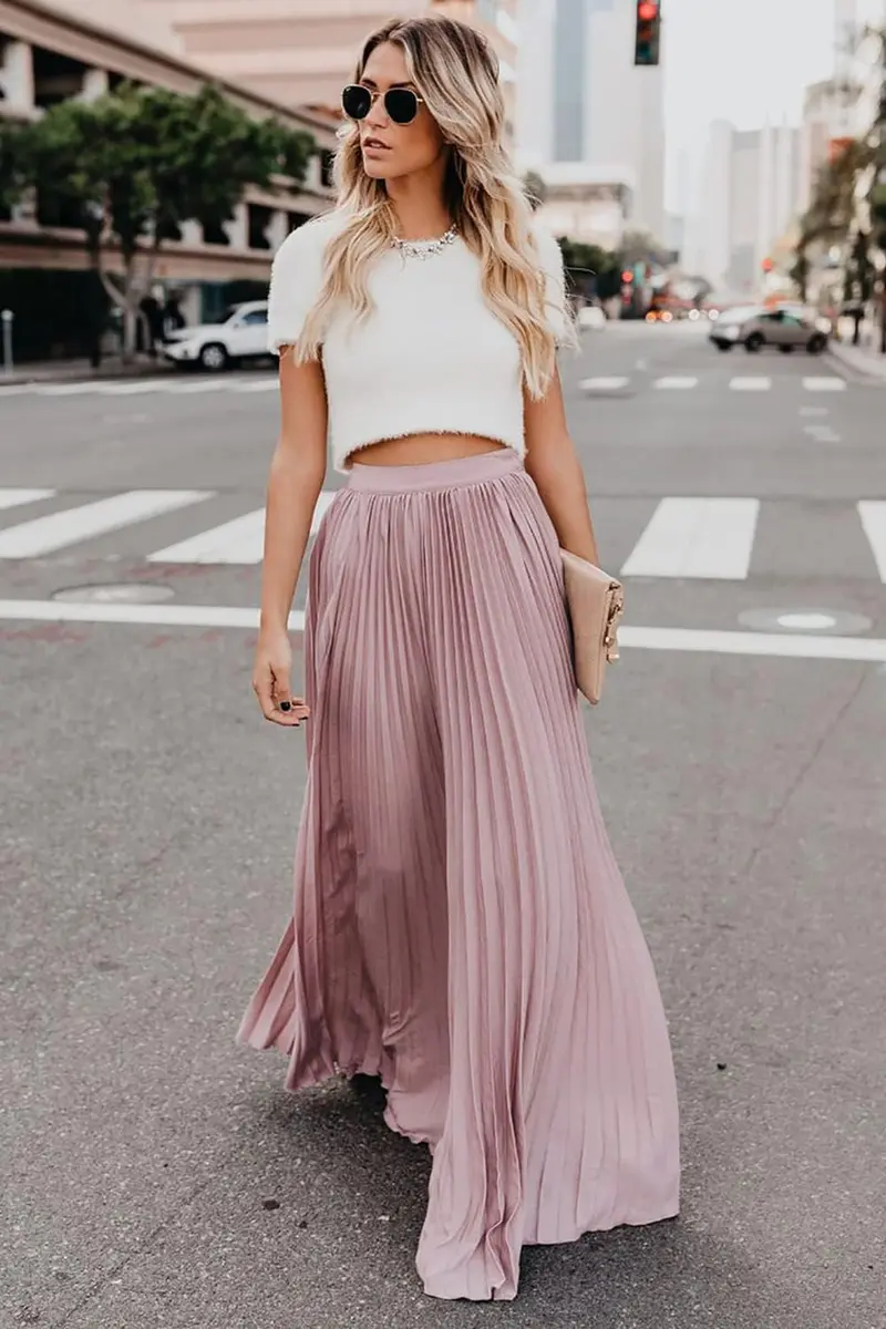 ebossy Women's High Waist Flowy Pleated Chiffon Maxi Skirt (X-Large, Pink) | Elegant Solid Colors for All Seasons - view 2